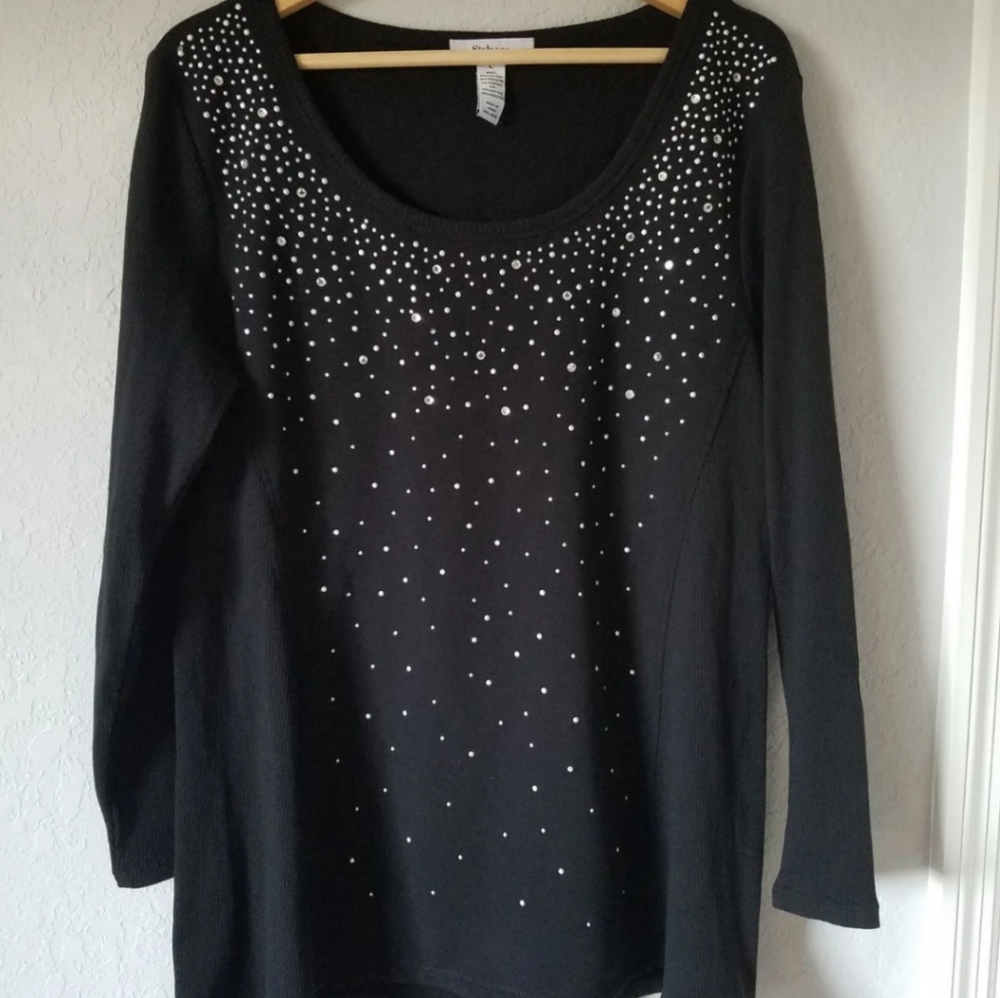 Style& Co Black Long Sleeve Shirt with Jeweled Details